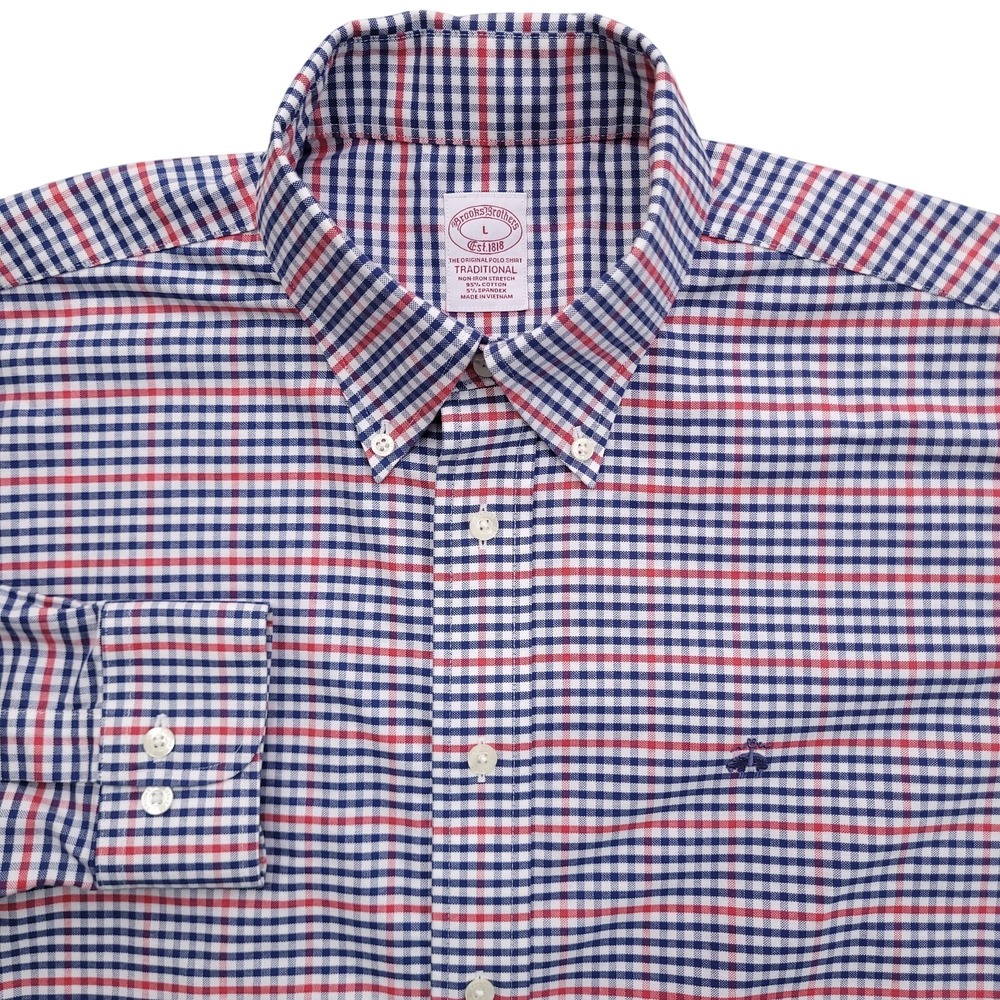 Brooks Brothers Dress Shirt Mens L Red White Blue Check Oxford Button Down OCBD